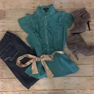 Teal Blouse with Cream Detail